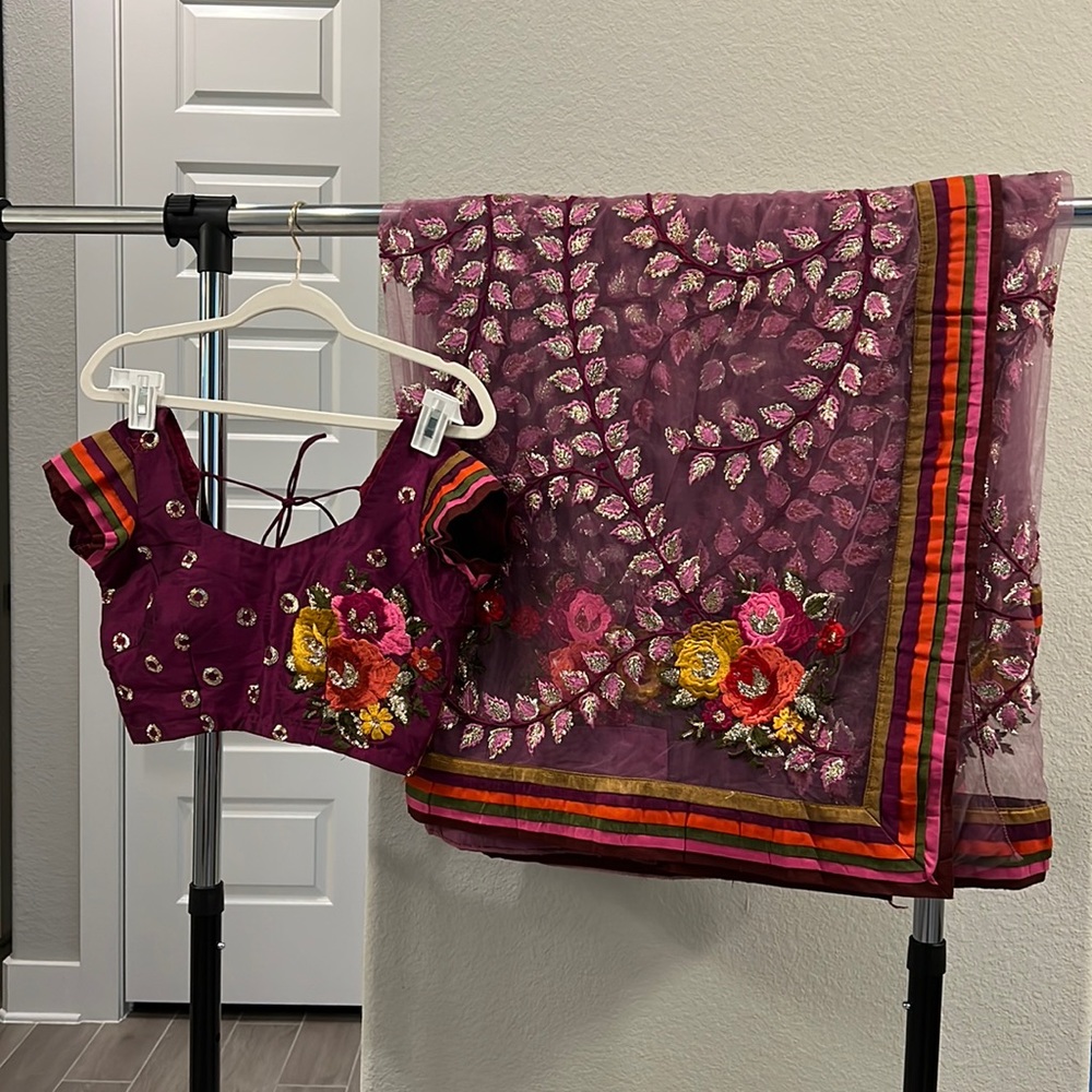 Beautiful purple floral embroidered saree with blouse…Indian clothing